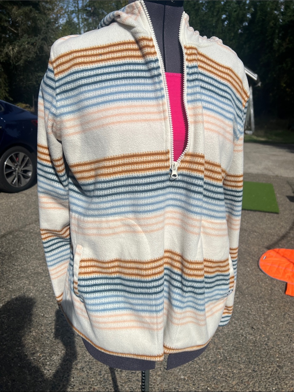 O’Neill Striped Half-Zip Hooded Fleece Sweater - Cream & Blue